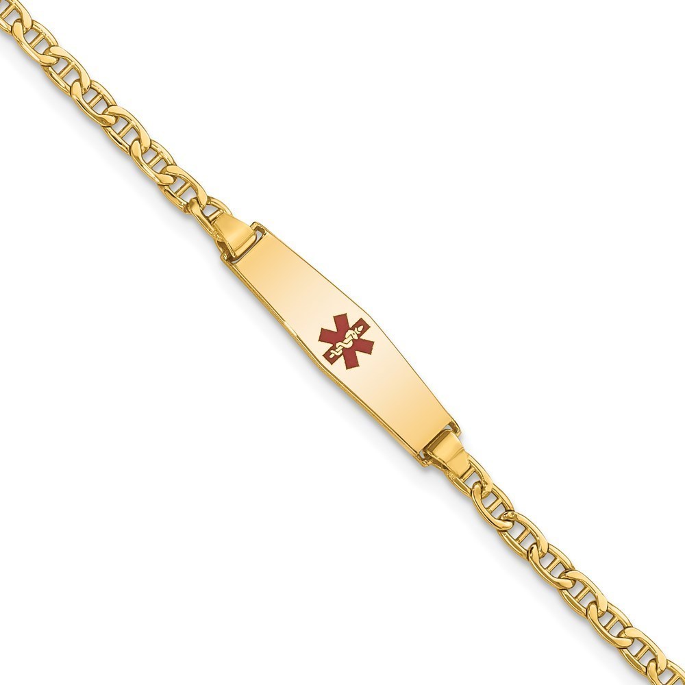 14k Gold Medical Semi-Solid Soft Diamond Shape Red Enamel Anchor ID Bracelet, 7"